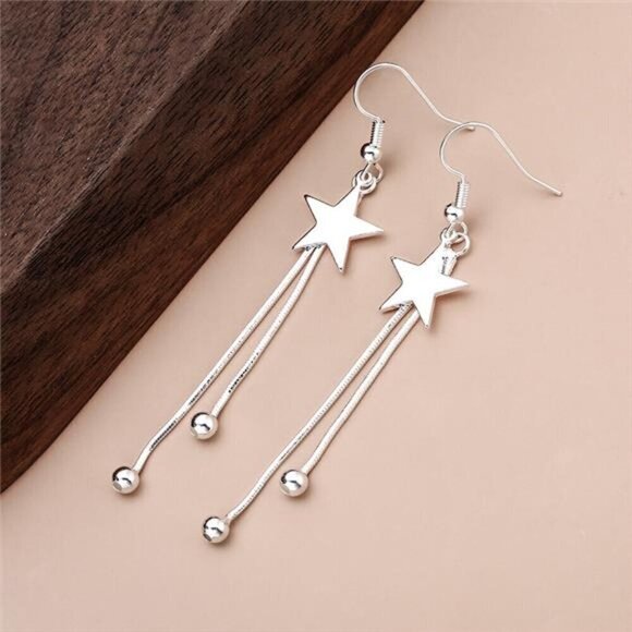 Silver Star Tassel Earrings 925 Sterling Luxury Bead for Women Fashion - Picture 3 of 6
